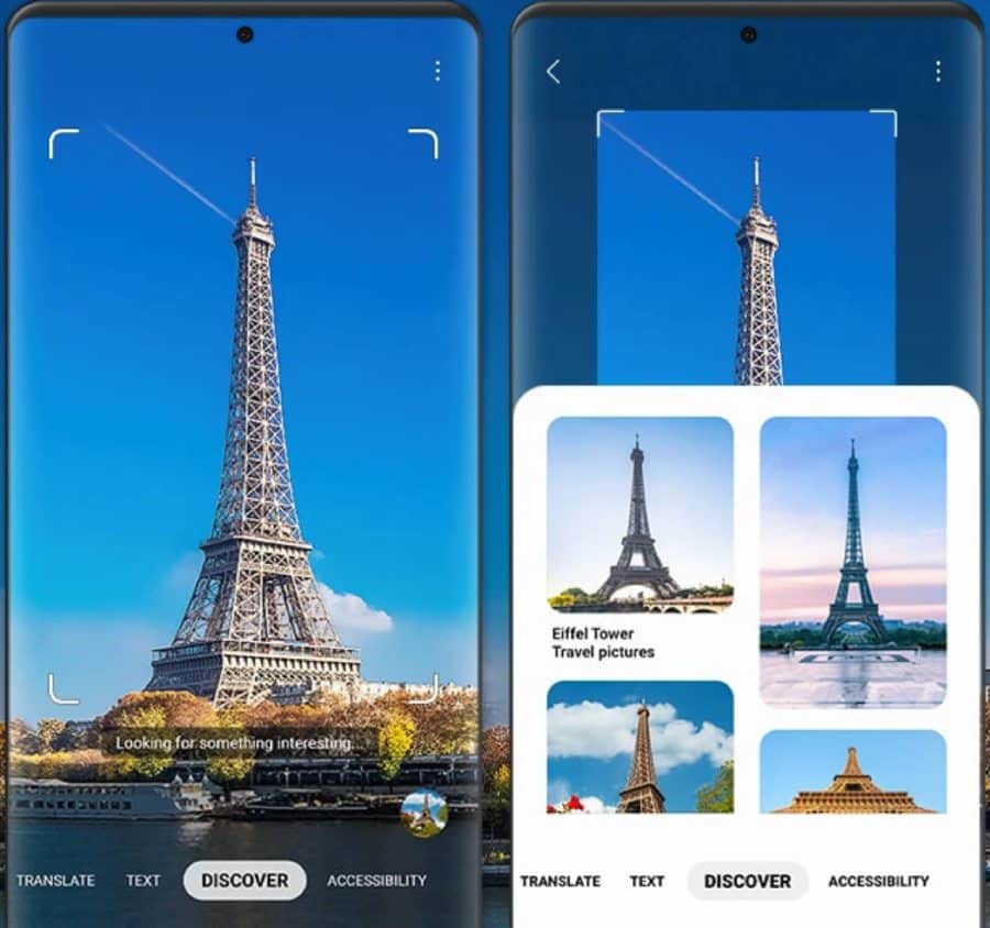 A Samsung phone with Bixby showing an AI visual search identifying the Eiffel Tower and suggesting related travel images using a Discover feature.